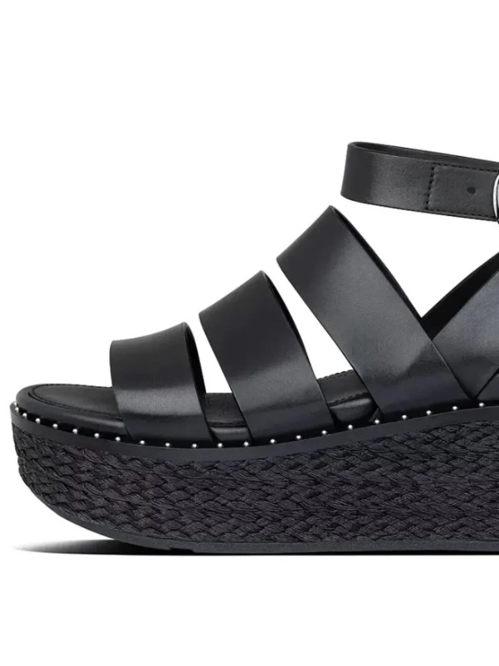 FitFlop Eloise Black Ankle Strap Open Toe Strappy Upper Espadrille Wedge Sandals